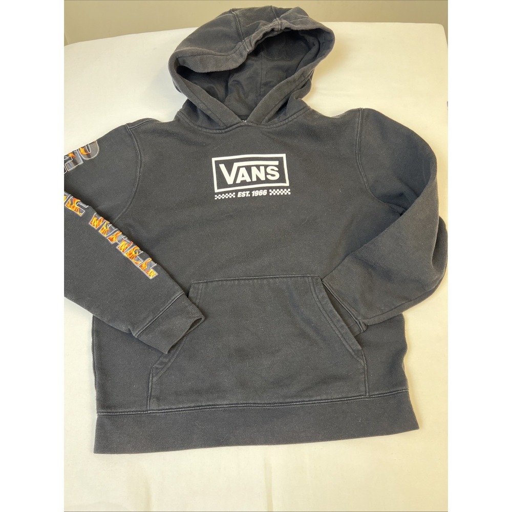 Vans Off The Wall Hoodie Black Flame Sleeve Graphic Pullover Boys Large